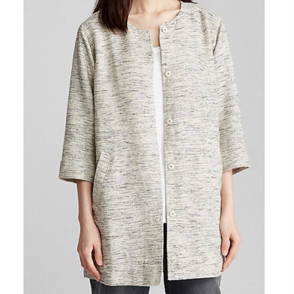 Eileen Fisher Ecru Tweed Round Neck Jacket Size Medium 3/4 Length Sleeves